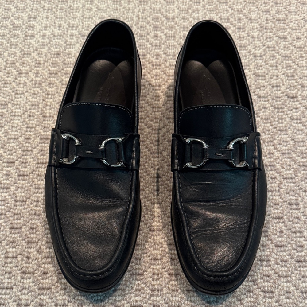 Santoni Black Leather/buckle Slip-On Loafers